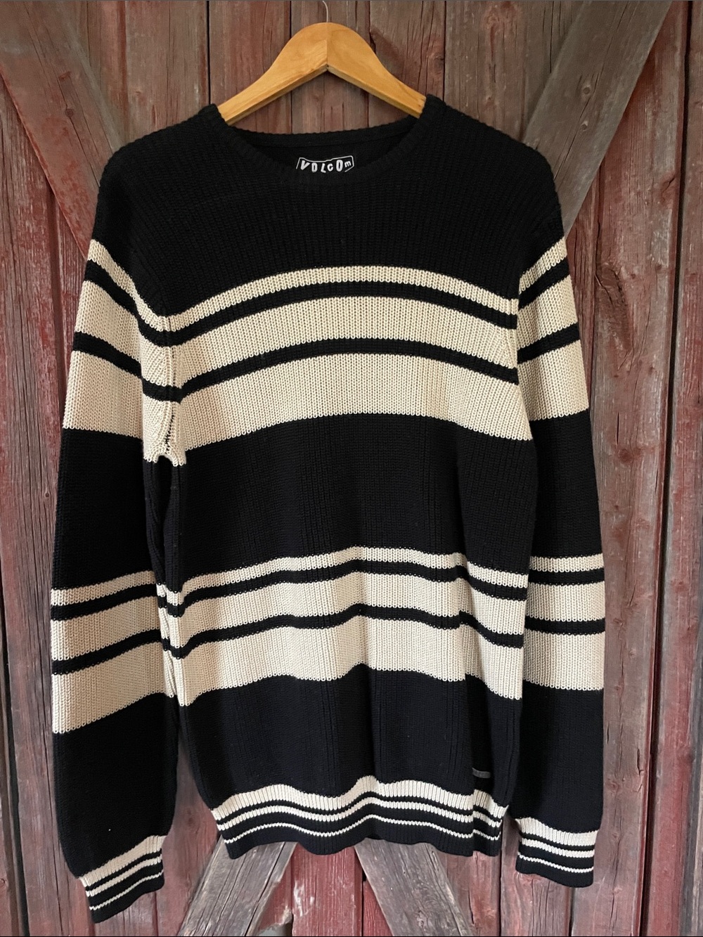 Volcom Black and Cream Striped Crewneck Sweater